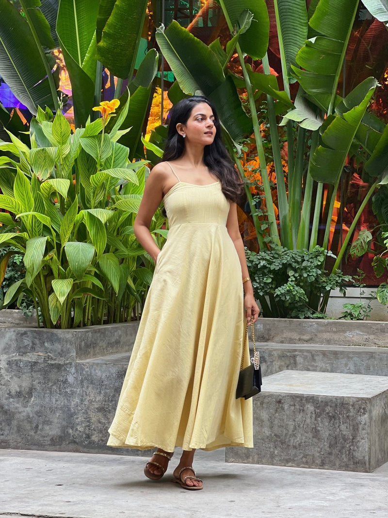 Lemon Yellow 100% Cotton Flared Sundress Lemon Yellow 100% Cotton Flared Sundress