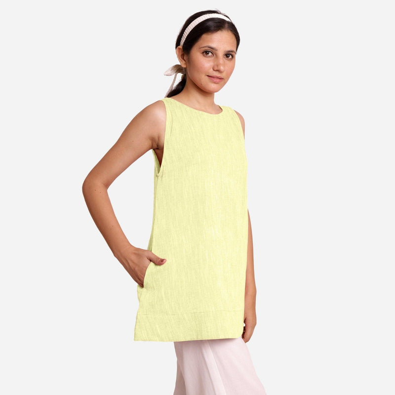 Right View of a Model wearing Lemon Yellow 100% Cotton Mini Tunic