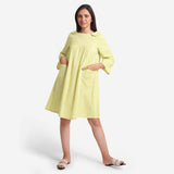 Front View of a Model wearing Lemon Yellow Yarn Dyed Cotton Yoked Dress