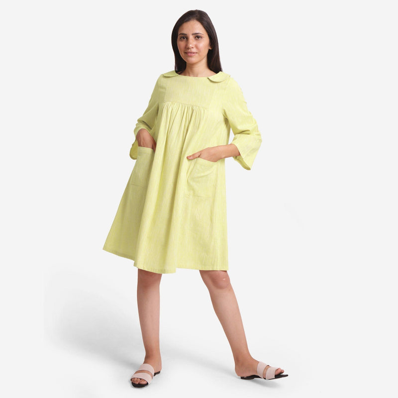 Front View of a Model wearing Lemon Yellow Yarn Dyed Cotton Yoked Dress