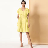 Front View of a Model wearing Lemon Yellow Frilled Cotton Knee Length Bohemian Dress