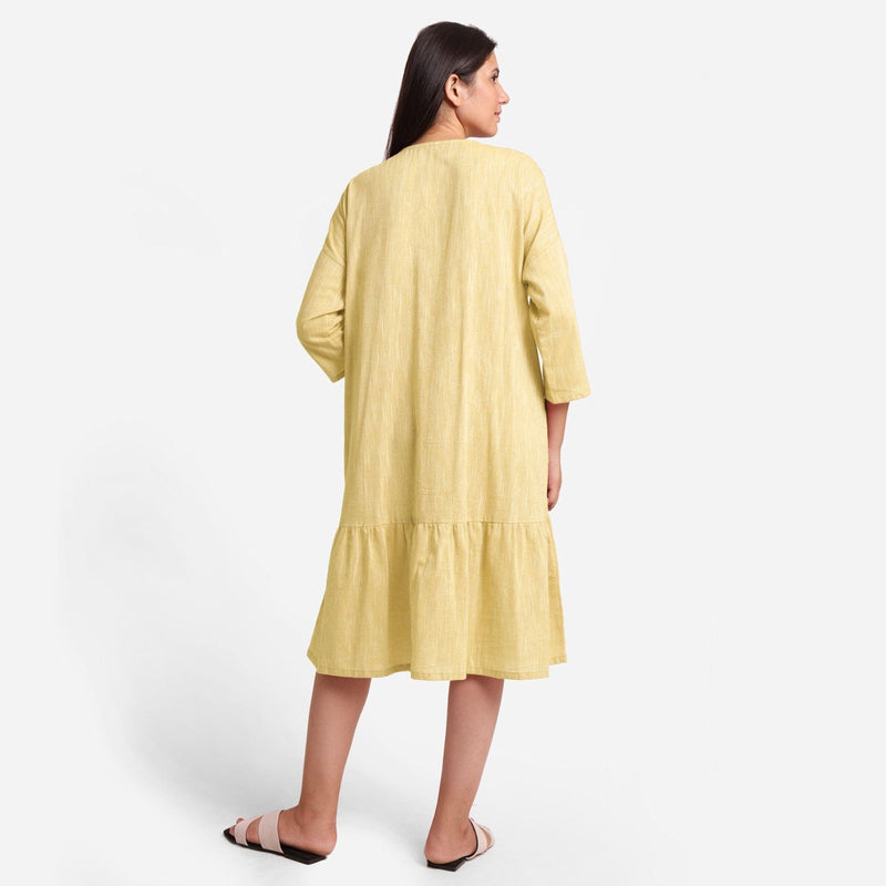 Back View of a Model wearing Lemon Yellow Yarn-Dyed 100% Cotton Tier Dress