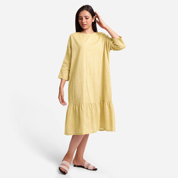 Front View of a Model wearing Lemon Yellow Yarn-Dyed 100% Cotton Tier Dress