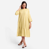 Front View of a Model wearing Lemon Yellow Yarn-Dyed 100% Cotton Tier Dress