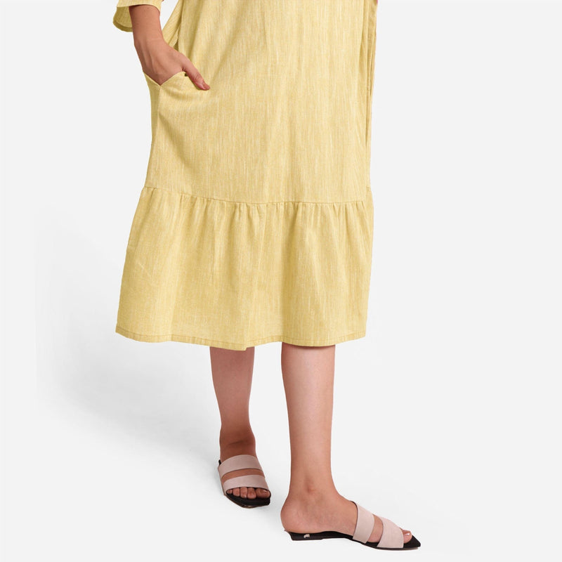 Close View of a Model wearing Lemon Yellow Yarn-Dyed 100% Cotton Tier Dress