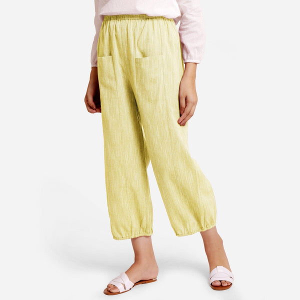 Front View of a Model wearing Lemon Yellow Yarn Dyed Cotton Harem Pant