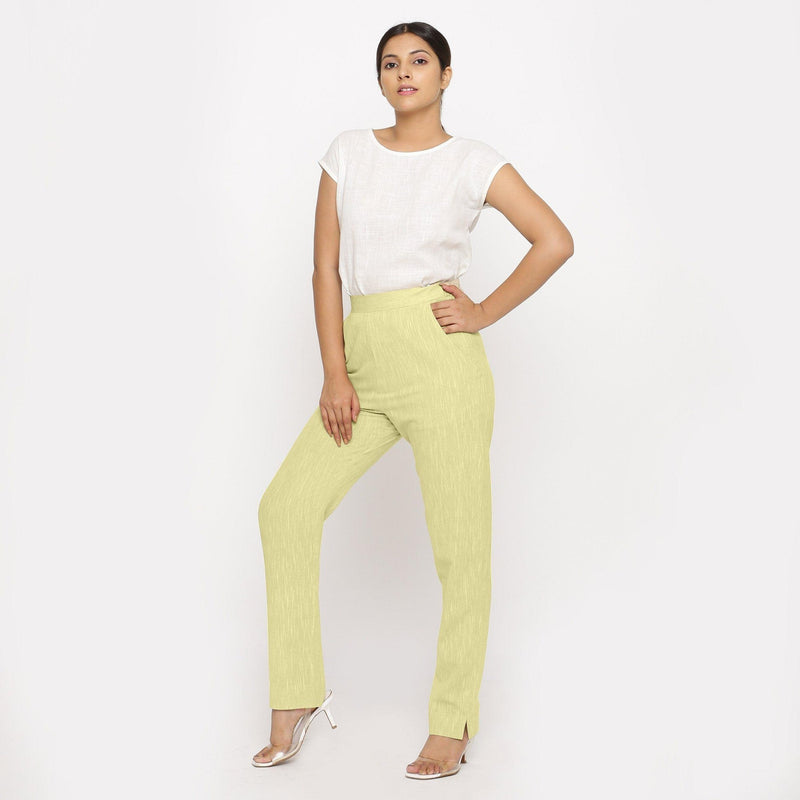 Front View of a Model wearing Lemon Yellow Yarn Dyed Mid Rise Tapered Pant