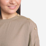 Front Detail of a Model wearing Beige Cotton Flax Round Neck Loose Fit A-Line Top