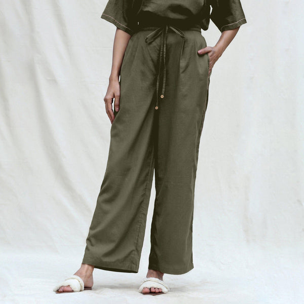 Light Green 100% Cotton Solid Mid-Rise Elasticated Pant