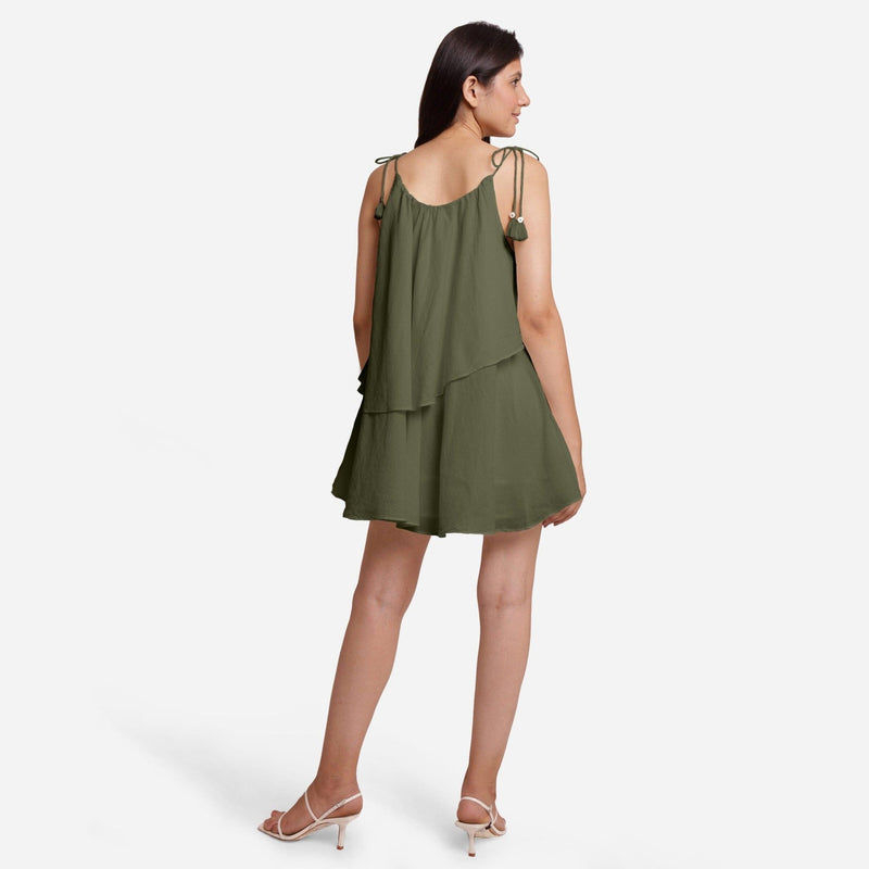 Light Green 100% Cotton Tie-Up Shoulder Tier Mini Dress