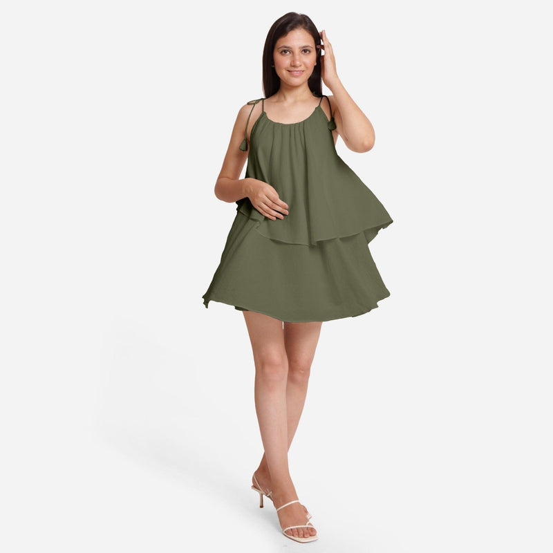 Light Green 100% Cotton Tie-Up Shoulder Tier Mini Dress