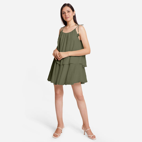 Light Green 100% Cotton Tie-Up Shoulder Tier Mini Dress