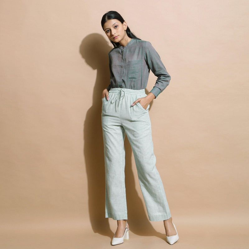 Front View of a Model wearing Handspun Light Green Straight Pant