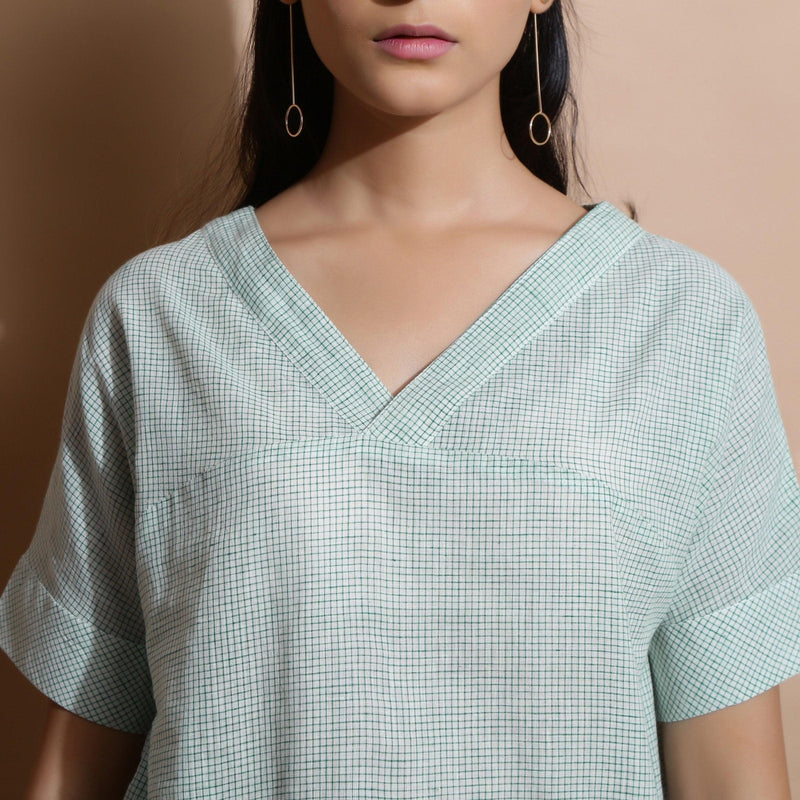 Front Detail of a Model wearing Light Green Checks Handspun Cotton Muslin V-Neck Top