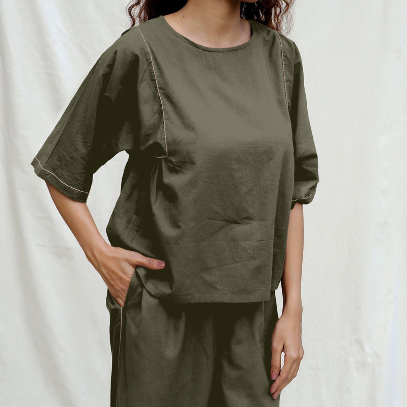 Light Green Cotton Drop Shoulder Sleeves Gathered Top