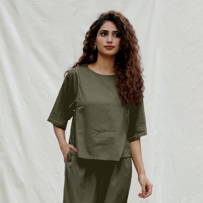 Light Green Cotton Drop Shoulder Sleeves Gathered Top