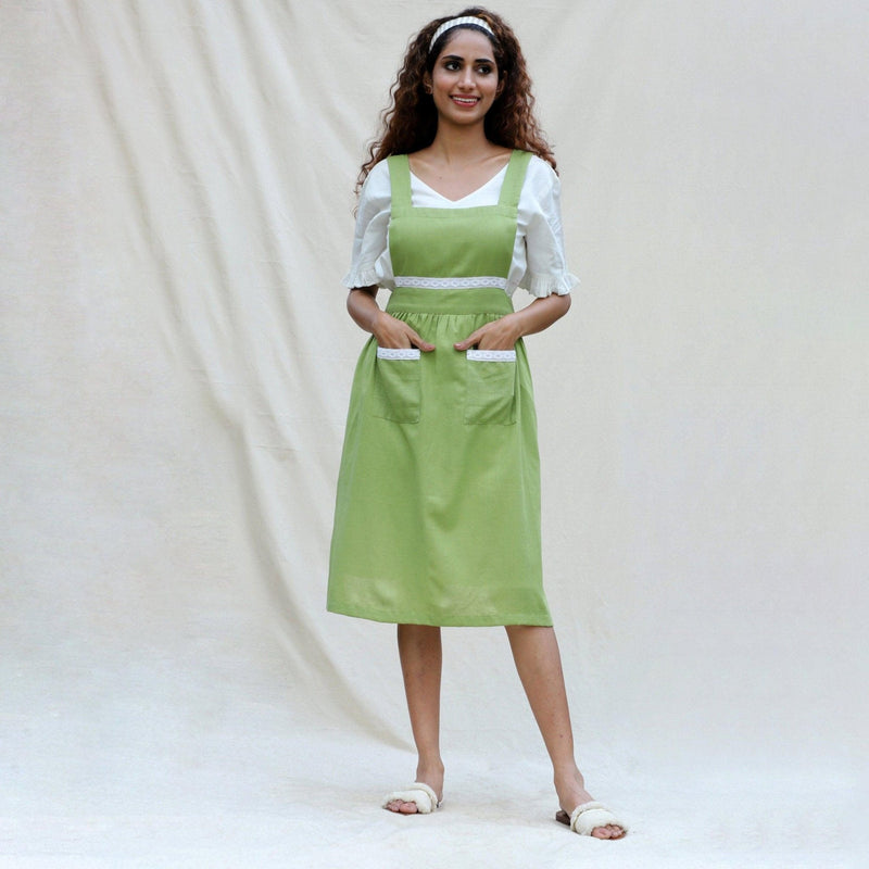 Front View of a Model wearing Light Green Cotton Flax Comfort Fit Apron