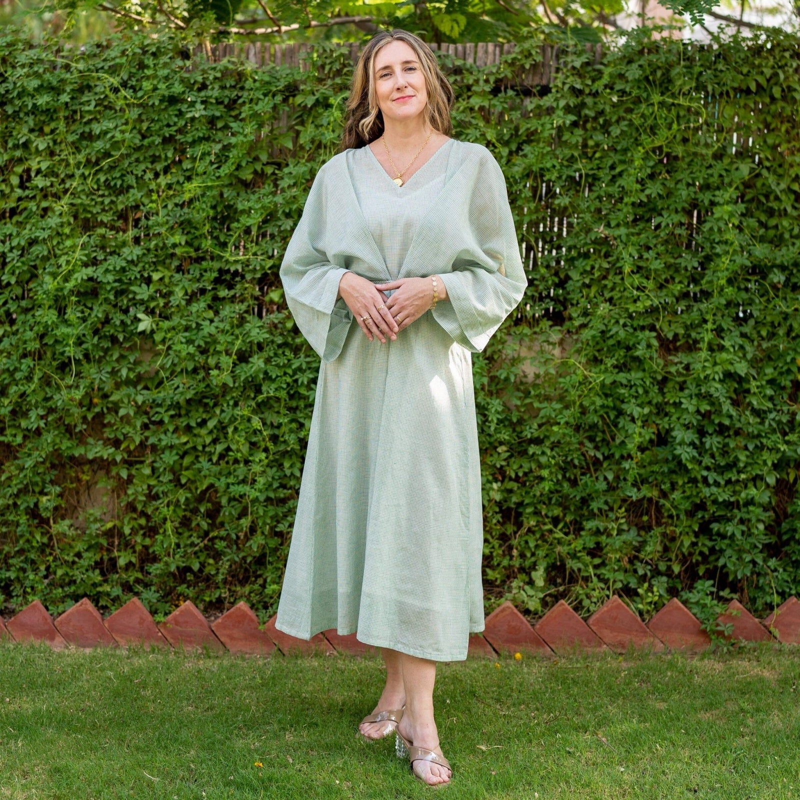 Light Green Cotton Muslin Checkered Maxi Kimono Dress 64" / Petite (5'1" and below) Light Green Cotton Muslin Checkered Maxi Kimono Dress 64" / Petite (5'1" and below)