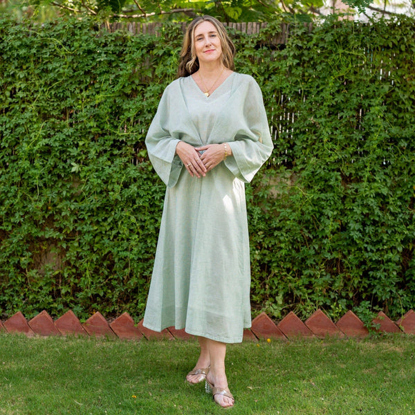 Light Green Cotton Muslin Checkered Maxi Kimono Dress