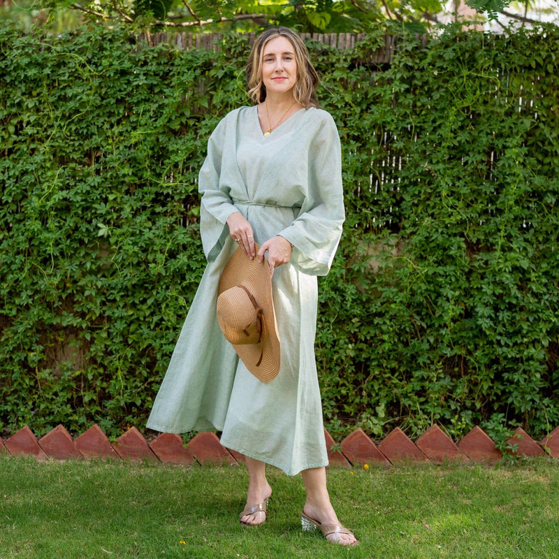 Light Green Cotton Muslin Checkered Maxi Kimono Dress 70