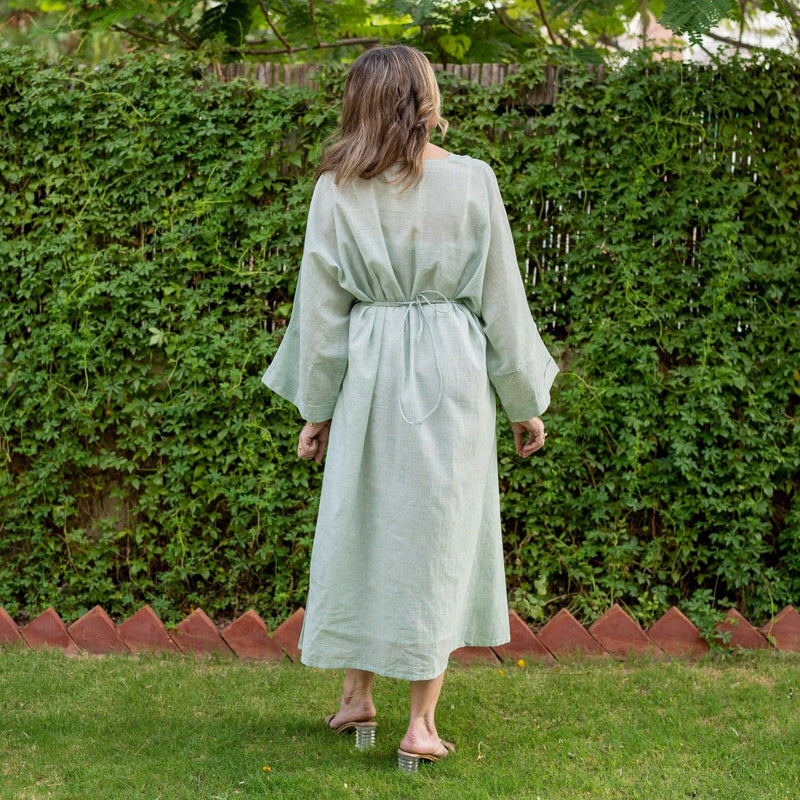 Light Green Cotton Muslin Checkered Maxi Kimono Dress 64" / Petite (5'1" and below) Light Green Cotton Muslin Checkered Maxi Kimono Dress 64" / Petite (5'1" and below)