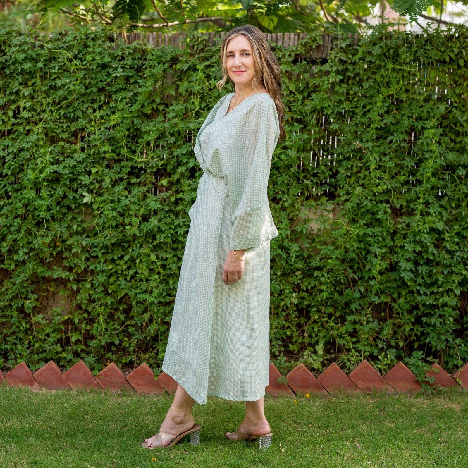 kimono dress maxi Light Green Cotton Muslin Checkered 70