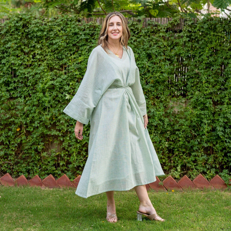 Light Green Cotton Muslin Checkered Maxi Kimono Dress 64" / Petite (5'1" and below) Light Green Cotton Muslin Checkered Maxi Kimono Dress 64" / Petite (5'1" and below)