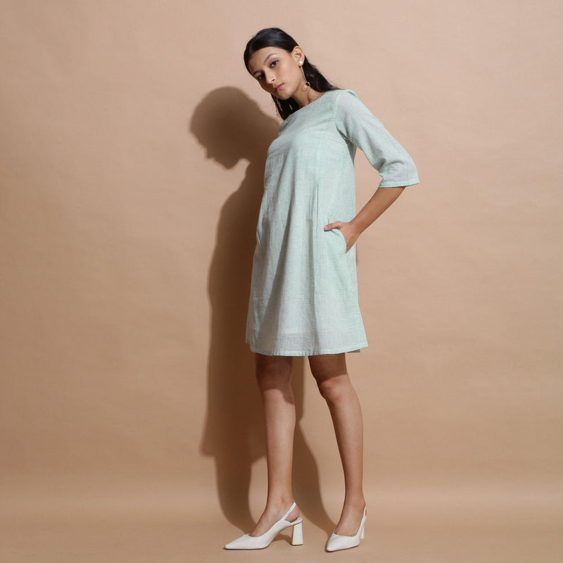 Light Green Handspun Cotton Muslin A-Line Short Dress 62
