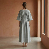 Light Grey Warm Cotton Flannel Boat Neck Maxi Dress with Kimono Sleeves