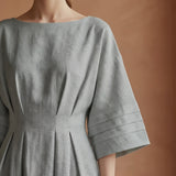 Light Grey Warm Cotton Flannel Boat Neck Maxi Dress with Kimono Sleeves