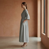 Light Grey Warm Cotton Flannel Boat Neck Maxi Dress with Kimono Sleeves