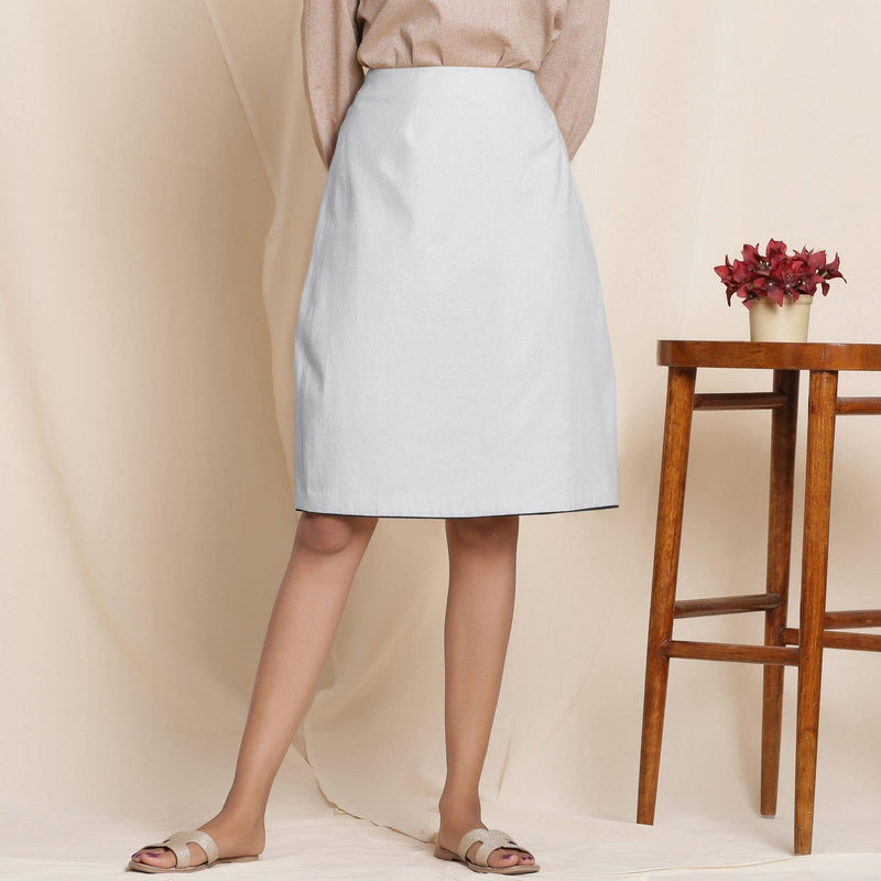 Front View of a Model wearing Light Grey Warm Cotton Flannel Knee-Length Pencil Skirt