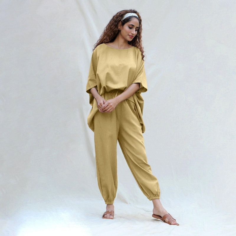 Light Khakhi Cotton Flax Boat Neck Short Kaftan Top