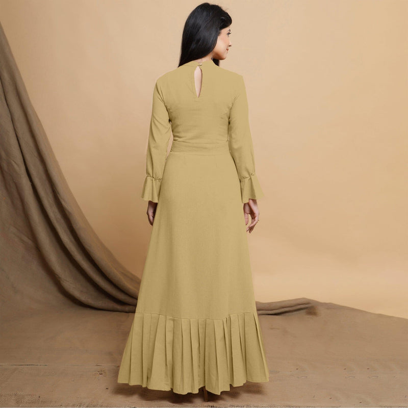 Light Khakhi Cotton Flax Crew Neck Floor Length Tier Dress