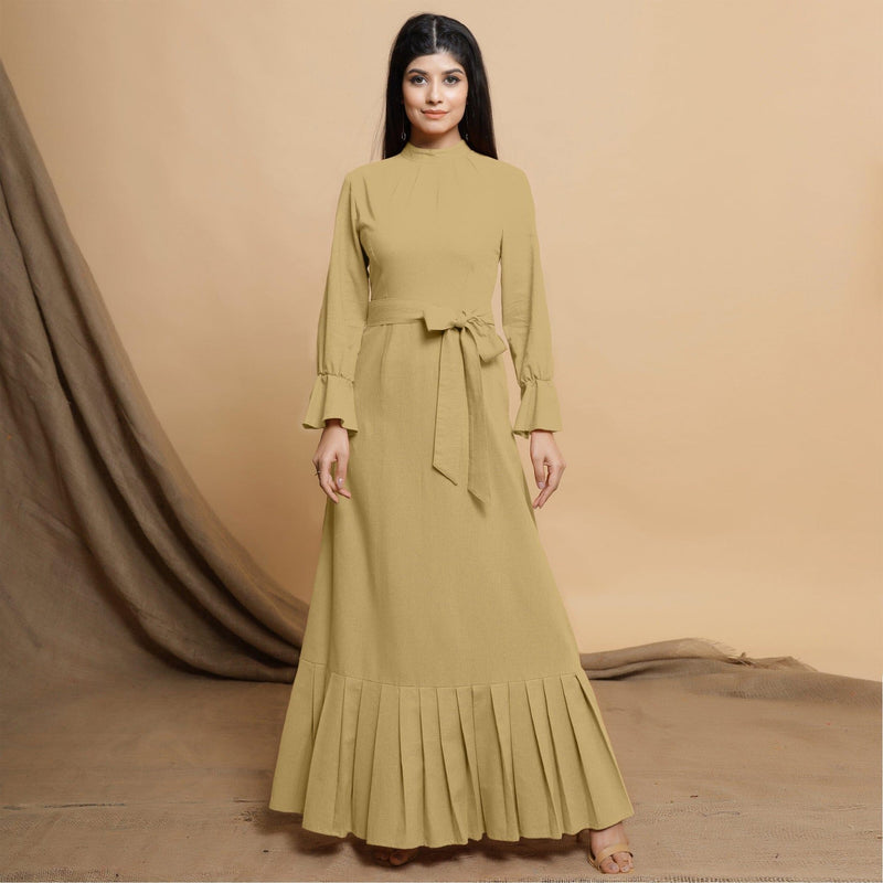 Light Khakhi Cotton Flax Crew Neck Floor Length Tier Dress