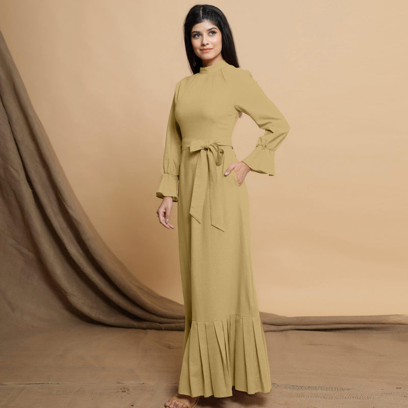 Light Khakhi Cotton Flax Crew Neck Floor Length Tier Dress