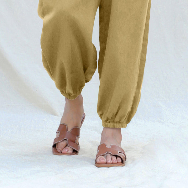 Light Khakhi Cotton Flax High-Rise Elasticated Jogger Pant