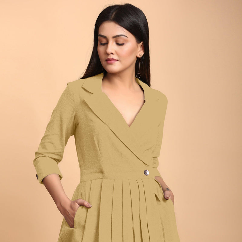 Light Khakhi Cotton Flax Notched Collar Midi Pleated Wrap Dress