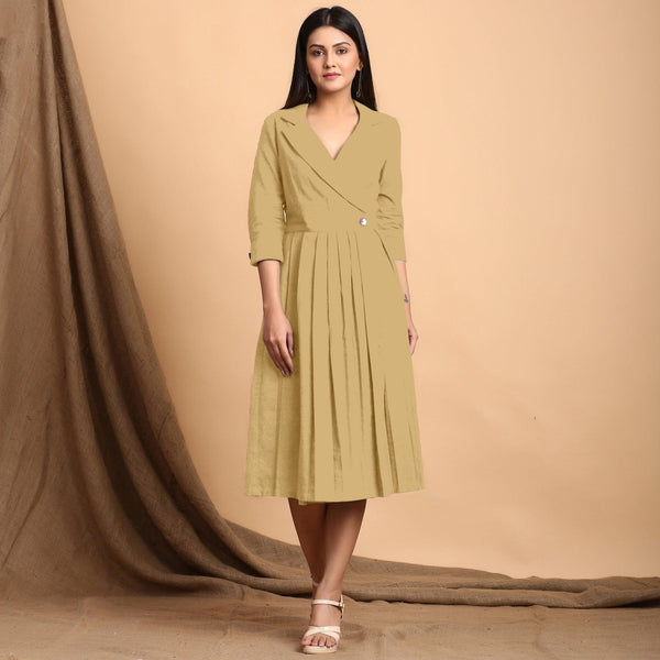 Light Khakhi Cotton Flax Notched Collar Midi Pleated Wrap Dress