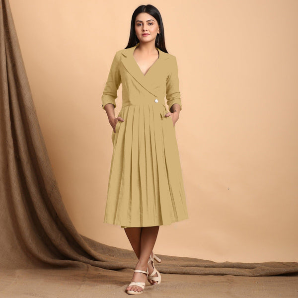 Light Khakhi Cotton Flax Notched Collar Midi Pleated Wrap Dress