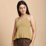 Left View of a Model wearing Light Khakhi Cotton Flax Pleated Camisole Top