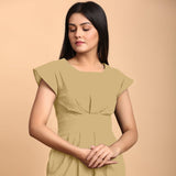 Light Khakhi Cotton Flax Pleated Cap Sleeves Short Dress