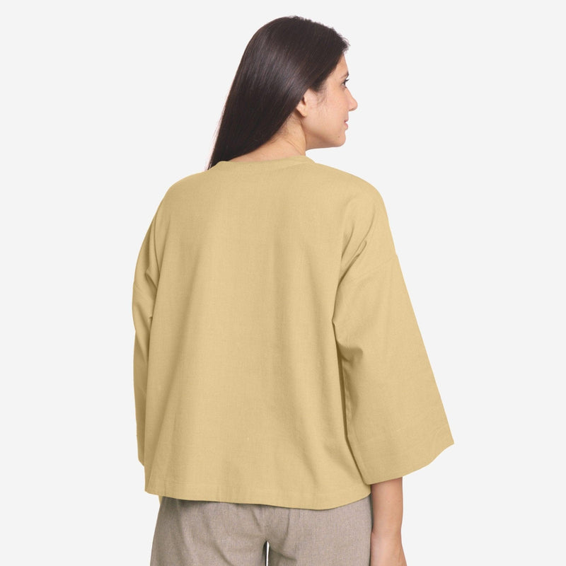 Back View of a Model wearing Green Cotton Flax Round Neck A-Line Top