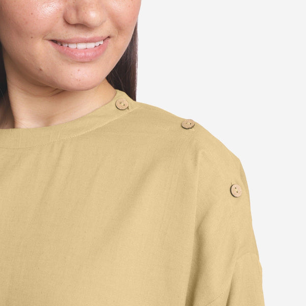 Front Detail of a Model wearing Green Cotton Flax Round Neck A-Line Top