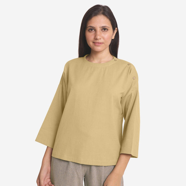 Front View of a Model wearing Green Cotton Flax Round Neck A-Line Top