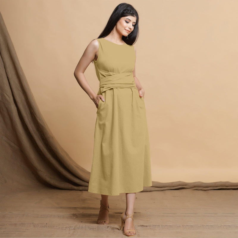 Light Khakhi Cotton Flax Sleeveless A-Line Midi Dress