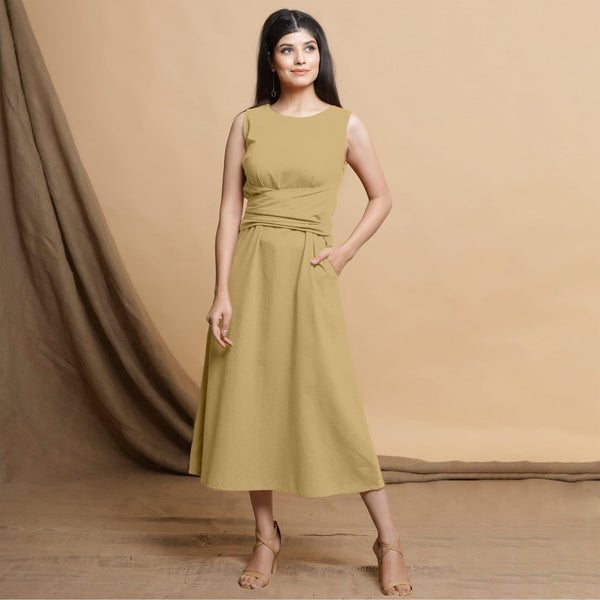 Light Khakhi Cotton Flax Sleeveless A-Line Midi Dress