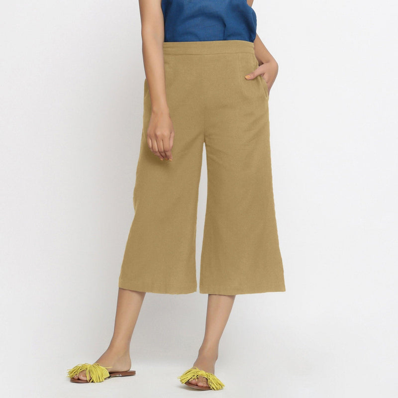 Front View of a Model wearing Light Khaki Mid-Rise Cotton Flax Culottes