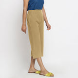 Right View of a Model wearing Light Khaki Mid-Rise Cotton Flax Culottes