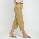 Right View of a Model wearing Solid Light Khaki Cotton Flax Culottes